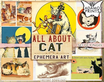 Puede incluir: Un collage de nueve imágenes vintage con gatos. Las imágenes incluyen gatos tocando música, durmiendo e interactuando con otros animales. El título del collage es "All About Cat Ephemera Art".