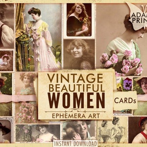 Tarjetas vintage de mujeres hermosas, Clásico efímero, Imágenes digitales, Collage digital, Álbum de recortes de mujeres digitales, Arte alterado, Materiales de arte