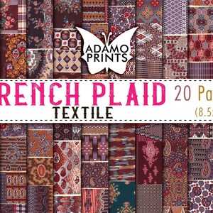 French Plaid Textile, Boho, Floral, Paper Pattern, Shabby Paper, Paper Journal Kit, Wallpaper Digital, Digital Paper, Printable Background