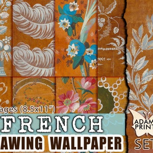 French Drawing Wallpaper Set2, French Pattern, Junk Journaling Kit, Grunge Paper, Wallpaper Digital, Digital Paper, Printable Background