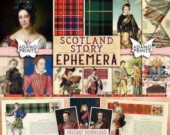 Può includere: Un collage digitale di immagini relative alla storia scozzese. Il collage include ritratti di personaggi storici, motivi tartan e testo che recita "Scotland Story Ephemera".