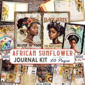 Kit diario Boho girasole afroamericano Fogli di collage di girasole, album per ritagli di carta vintage stampabile effimero per donne africane Boho