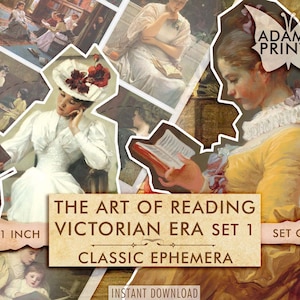 May include: A set of four printable images featuring women reading in Victorian era clothing. The images are 8.5 by 11 inches and are titled "The Art of Reading Victorian Era Set 1 Classic Ephemera".