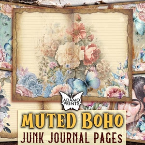 Páginas de diario basura boho silenciadas, kit de diario basura boho para mujeres, papel de hojas de collage, papel imprimible efímera, papel de diario boho