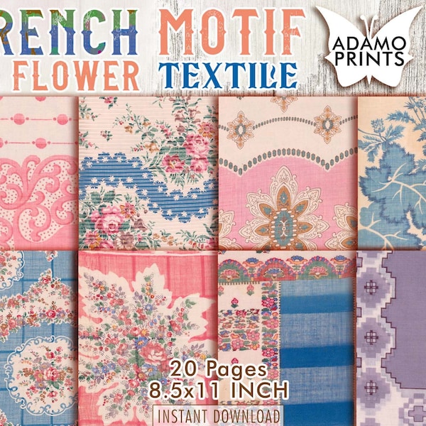 French Motif Flower Textile, Paper Pattern, Shabby Paper, Paper for Journal Kit, Wallpaper Digital, Digital Paper, Printable Background