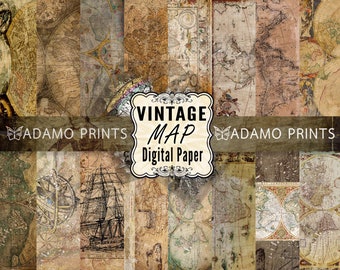 May include: A digital paper pack featuring 12 vintage map designs. The maps are in various shades of brown, beige, and cream, with some featuring compass roses and nautical details. The text "Vintage Map Digital Paper" is displayed in a decorative banner.