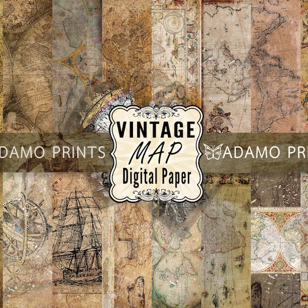 Vintage Map, Antique Map Paper Pack, Digital, Grunge, World Map, Travel, Collage Maps, Shabby Background, Ephemera, Instant Download