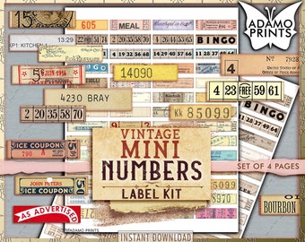 Vintage Mini Number Label Kit, Ephemera Number, Junk Journaling Digital, Grunge Number, Collage Sheet, Shabby Number, Embellishments