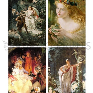 May include: Four vintage illustrations depicting fairies in a forest setting. The first image shows a fairy queen sitting on a rock with a musician playing a lute. The second image shows a fairy with a crown of butterflies holding a small bottle. The third image shows a group of fairies gathered around a glowing light. The fourth image shows a fairy standing in a forest with a tree behind her.