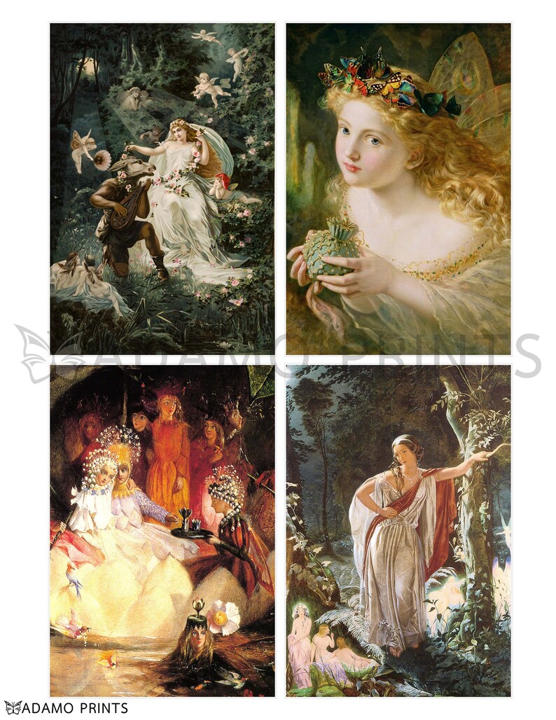 May include: Four vintage illustrations depicting fairies in a forest setting. The first image shows a fairy queen sitting on a rock with a musician playing a lute. The second image shows a fairy with a crown of butterflies holding a small bottle. The third image shows a group of fairies gathered around a glowing light. The fourth image shows a fairy standing in a forest with a tree behind her.