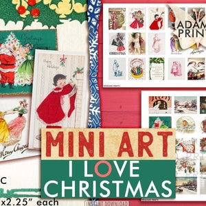 Mini Art - Ik hou van Kerstmis, miniatuurbeeld, december, versiering digitaal, collageblad, vintage kaarten, shabby, plakboek, junk journal