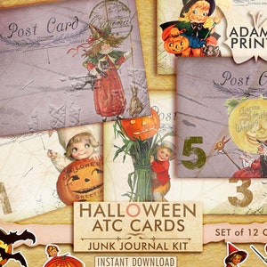 Halloween ATC Cards, Halloween Digital Art, Halloween Cards, Vintage Cards Witches, Pumpkin, Ephemera, Autumn, Fall, Printable, Haunting