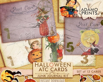 Halloween ATC Cards, Halloween Digital Art, Halloween Cards, Vintage Cards Witches, Pumpkin, Ephemera, Autumn, Fall, Printable, Haunting