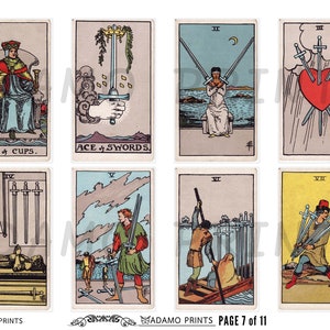 Pode incluir: Um conjunto de dez cartas de tarô com ilustrações do Rei de Copas, Ás de Espadas, Dois de Espadas, Três de Espadas, Quatro de Espadas, Cinco de Espadas, Seis de Espadas, Sete de Espadas, Oito de Espadas e Nove de Espadas. As cartas são de estilo vintage com ilustrações coloridas e texto.