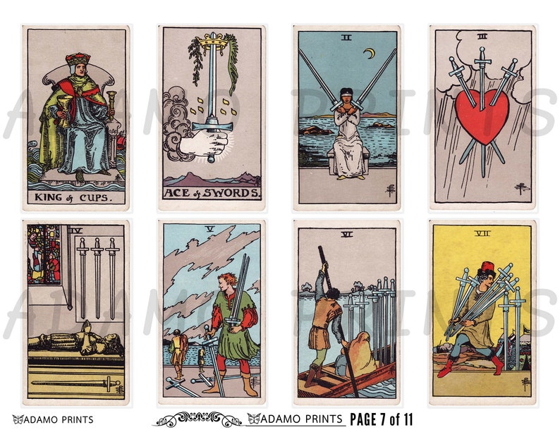 Pode incluir: Um conjunto de dez cartas de tarô com ilustrações do Rei de Copas, Ás de Espadas, Dois de Espadas, Três de Espadas, Quatro de Espadas, Cinco de Espadas, Seis de Espadas, Sete de Espadas, Oito de Espadas e Nove de Espadas. As cartas são de estilo vintage com ilustrações coloridas e texto.
