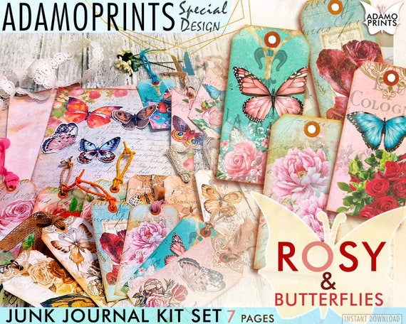 Download Rose and Butterflies Printable Kits Tags Fussy Cut Digital ...