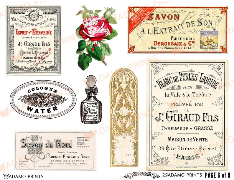 Op de afbeelding: Vintage Franse parfum- en zeeplabels met sierlijke ontwerpen. De labels bevatten Franse tekst, waaronder de namen van de producten, de fabrikanten en hun locaties. De labels zijn gedrukt op wit papier met zwarte en gouden inkt.
