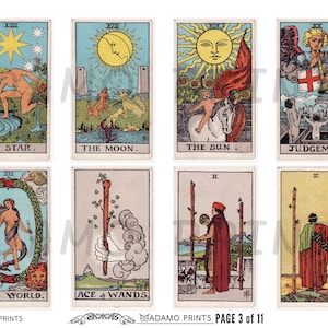 Pode incluir: Um conjunto de dez cartas de tarô com ilustrações de A Estrela, A Lua, O Sol, O Julgamento, O Mundo, Ás de Paus, Dois de Paus e Três de Paus. As cartas são impressas em cartão branco com uma borda azul clara.