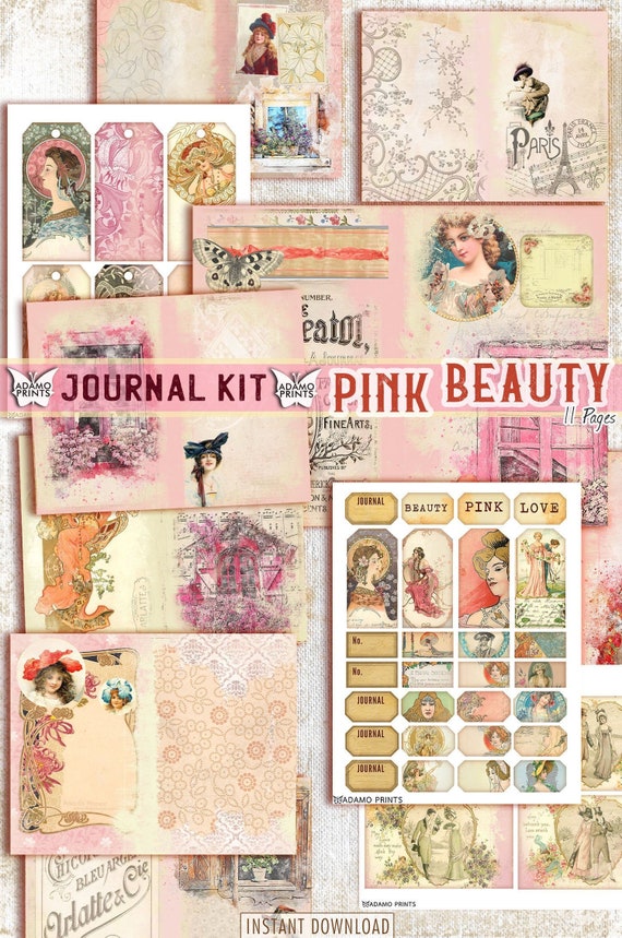 Pink Beauty Journal Kit, Women Digital Kit, Ephemera, Journal Page,  Journaling Embellishments, Printable Paper, Scrapbook Kits, Cards 