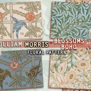 Bloesems Boho bloemmotief door William Morris, Victoriaans behang, digitaal papier, junk journal, afdrukbare achtergrond, scrapbook kit