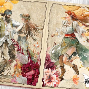 Páginas del diario basura boho gitano, papel del diario basura boho, collage boho de mujer imprimible, página de diario digital vintage en blanco y papel de línea