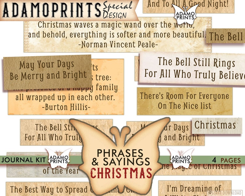 Christmas Phrases & Sayings, Journal Words, Parchment, Mixed Media, Phrases, Embellishment, Collage Sheet, Scrapbooking, Printable, Ephemera image 1