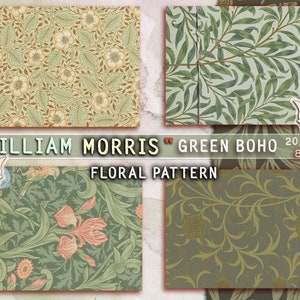 Groen Boho bloemmotief door William Morris, Victoriaans behang, digitaal papier, junk journal, afdrukbare achtergrond, scrapbook kit