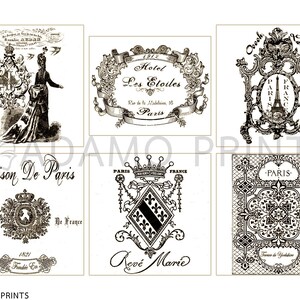 May include: Six vintage Parisian-themed printable images. The images feature ornate frames, crests, and text in French. The text includes "Hotel Les Etoiles", "Maison De Paris", "Rev&eacute; Marie", and "Paris".