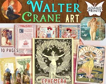 Sztuka Waltera Crane'a, Klasyczne efemerydy, Obrazy cyfrowe, Kobiety w formie cyfrowej, Kwiaty, Sztuka vintage, Strony książek, Ephemera artystyczna, Ephemera do albumów