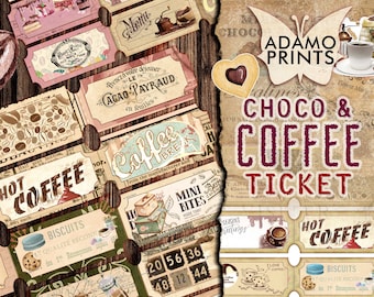 May include: Vintage style printable tickets for a chocolate and coffee themed event. The tickets feature illustrations of coffee beans, cups of coffee, chocolate, and biscuits. The text on the tickets includes "Hot Coffee", "Biscuits", "Cacao-Payraud", "Coffee Break", and "Mini Bites".