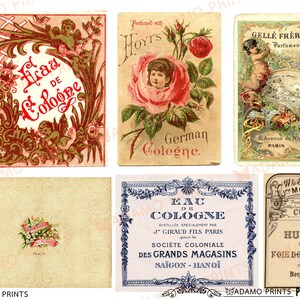 Op de afbeelding: Een verzameling vintage cologne- en parfumlabels met bloemmotieven en tekst in het Frans en Duits. De labels zijn gedrukt op papier met een cr&egrave;mekleurige achtergrond en hebben sierlijke randen.