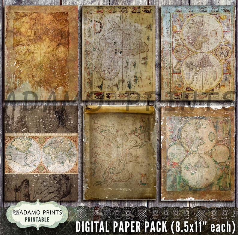 Vintage Map, Antique Map Paper Pack, Digital, Grunge, World Map, Travel ...
