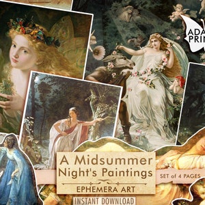 May include: A collage of four vintage paintings depicting scenes from A Midsummer Night's Dream. The paintings feature fairies, woodland creatures, and sleeping figures. The text "A Midsummer Night's Paintings" and "Ephemera Art" is included in the collage.