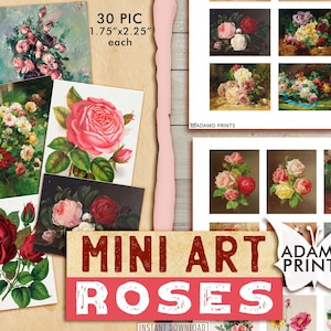 Mini Art - Róże, Miniaturowe obrazy, Cyfrowe kwiaty, Cyfrowe efemerydy, Kwiaty do scrapbookingu, Vintage, Ogród, Cyfrowy kolaż, Ozdoby