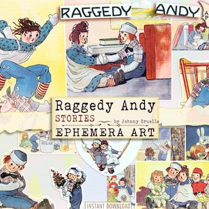 Opowieści o Raggedy Andy autorstwa Johnny'ego Gruelle, cyfrowa książka dla dzieci, klasyka efemeryd, obraz cyfrowy, sztuka vintage, magia, opowieść dla dzieci, strona książki