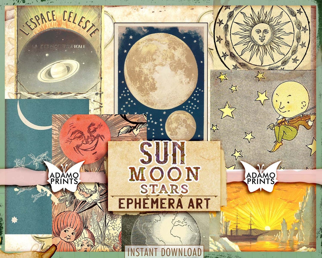 Sun Moon Stars, Moon Ephemera, ATC Cards, Digital Art, Night