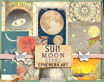 Sun Moon Stars, Moon Ephemera, ATC Cards, Digital Art, Night-Scenes, Classic, Vintage Art, Digital Image, Ephemera Astrology, Scrapbook Kit