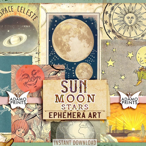 Sun Moon Stars, Moon Ephemera, ATC Cards, Digital Art, Night-Scenes, Classic, Vintage Art, Digital Image, Ephemera Astrology, Scrapbook Kit
