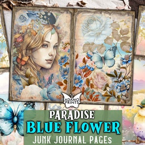 Pagine di diario spazzatura fiore blu paradiso, kit diario naturale, fogli di collage naturali stampabili, donna floreale farfalla per kit diario, oceano