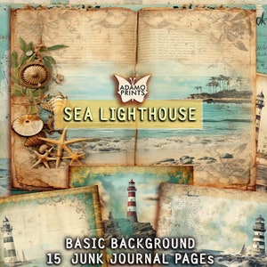 Basic Sea Lighthouse Junk Journal Kit, Digital Paper Background for Journal, Sea Junk Journal Paper, Landscape Sea Digital Kit Printable