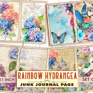 Rainbow Hortensia Junk Journal Pages, Journal Kit, Collage Sheets, Floral Vintage, Ephemera Floral Kit, Afdrukbaar papier, Scrapbook Bloemen