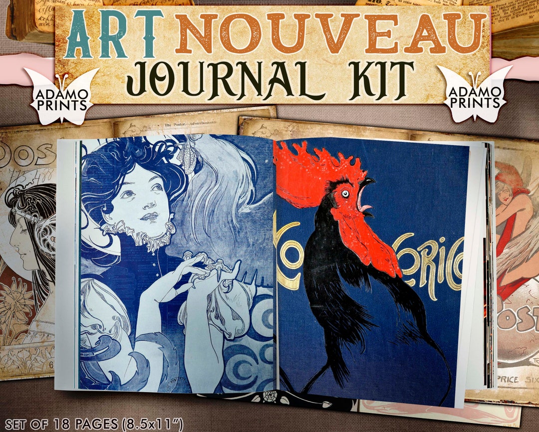 Art Nouveau Journal Kit, Journal Page, Blank & Line Page, Magazine