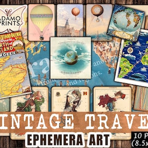 Vintage Reise, Antike Karte, Mini Karte Digital, Grunge, Ballon, ATC, Reise Digital, Collage Karten, Shabby Verschönerung, Ephemera Klassiker