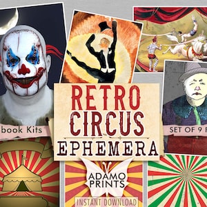 Circo retrò, circo vintage, ATC, clown, arte digitale, animali da circo, effimeri classici, arte vintage, immagine digitale, effimeri per scrapbooking