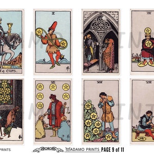 Pode incluir: Um conjunto de dez cartas de tarô que representam o naipe de pentáculos. As cartas são ilustradas com imagens tradicionais, incluindo um cavaleiro a cavalo, um bufão a fazer malabarismos com moedas e um rei a segurar um pentagrama. As cartas são numeradas de um a dez.
