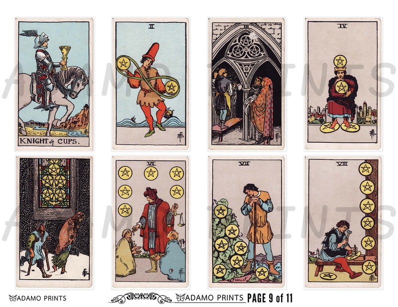 Pode incluir: Um conjunto de dez cartas de tarô que representam o naipe de pentáculos. As cartas são ilustradas com imagens tradicionais, incluindo um cavaleiro a cavalo, um bufão a fazer malabarismos com moedas e um rei a segurar um pentagrama. As cartas são numeradas de um a dez.