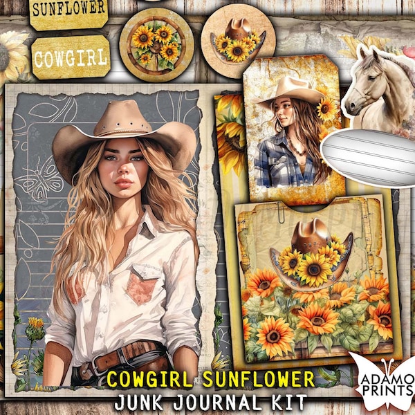 Cowgirl Sunflower Junk Journal Kit, Sunflower Journal Page, Wild West Journal, Ephemera Western Cowboy, Rodeo Digital Paper, Sunflower Girl