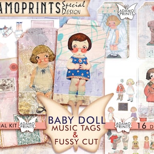 Étiquettes musique pour poupée bébé, feuille de collage, papier numérique, étiquette vintage imprimable, étiquettes éphémères, kit de journal indésirable, papier imprimable, kit de scrapbooking
