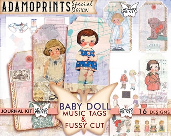 Baby Doll Music Tags, Collage Sheet, Digital Paper, Printable Vintage Tag, Ephemera Tags, Junk Journal Kit, Printable Paper, Scrapbook Kit