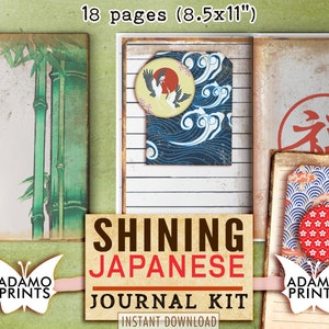 Kit de diario japonés brillante, página de diario, paquete de diario asiático, etiquetas, etiquetas, kit digital, diario efímero, álbum de recortes Japón Vintage